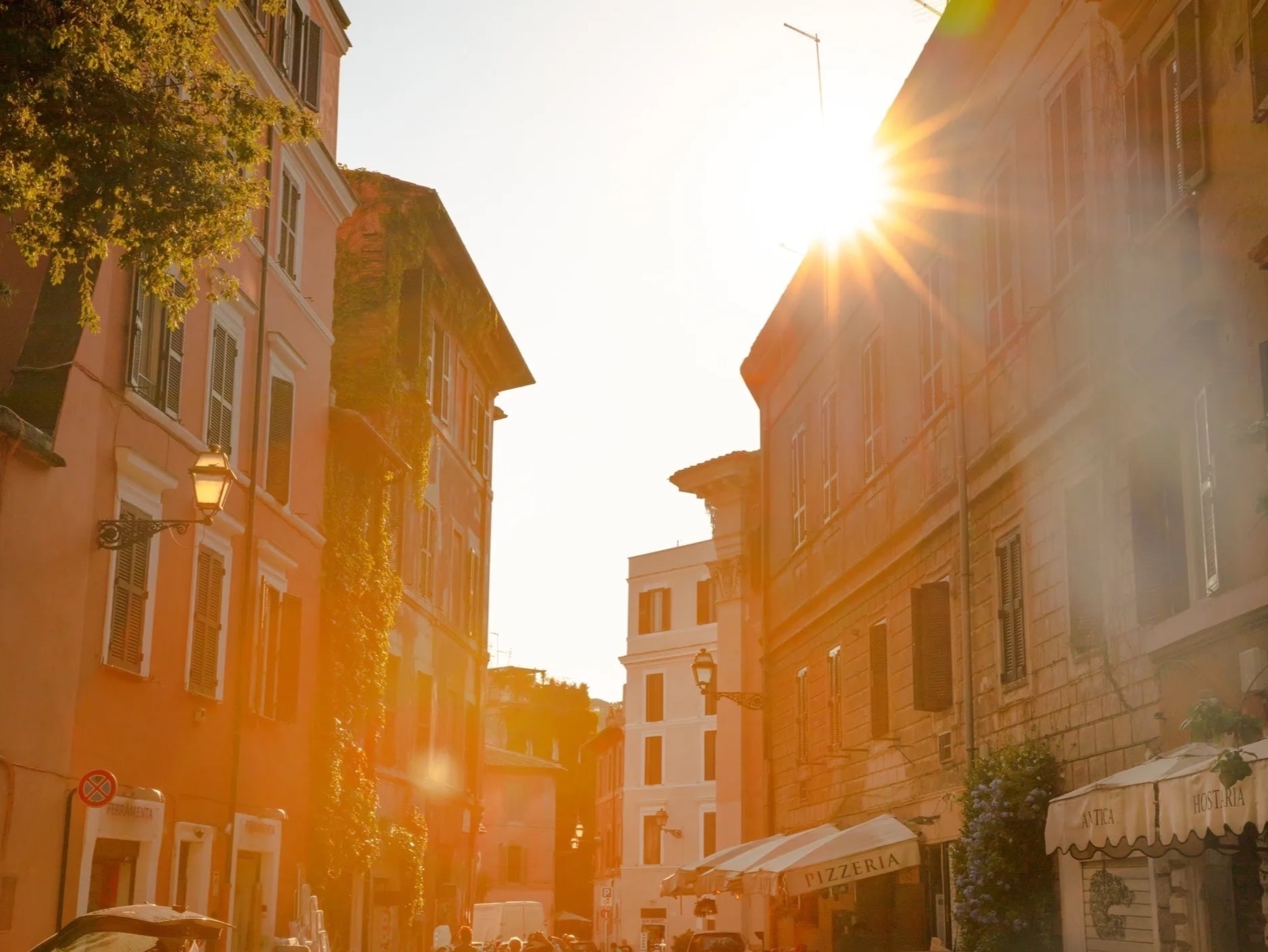 Cobblestone street in Trastevere, Rome at evening